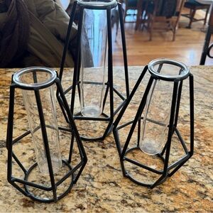 Set of Three Geometric Glass Vases with Black Metal Frames